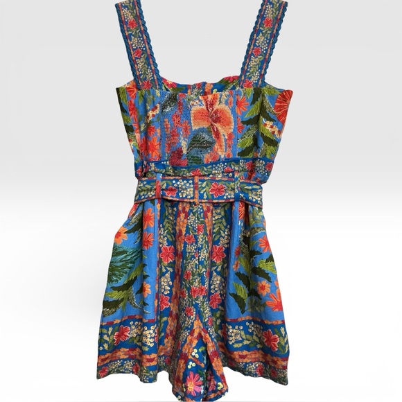 NWT Farm Rio Stitched Garden Blue Shorts Romper Blue Floral One Piece Small - Picture 6 of 12